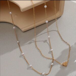 Gold Pearl Station Double Layer Necklace with Heart Pendant